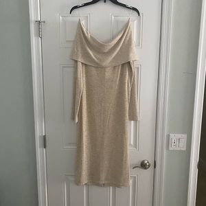 Never worn- off the shoulder oatmeal fitted dress